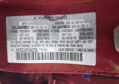 2015 Mazda Cx-9 Touring from USA, damaged, VIN JM3TB3CA0F0452768